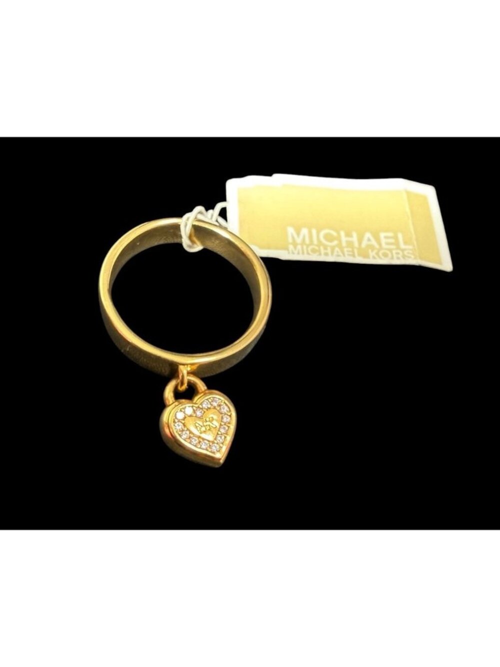 Michael Kors Gold Tone Heart Charm Ring Pave Crystal MK Logo Band Size 8